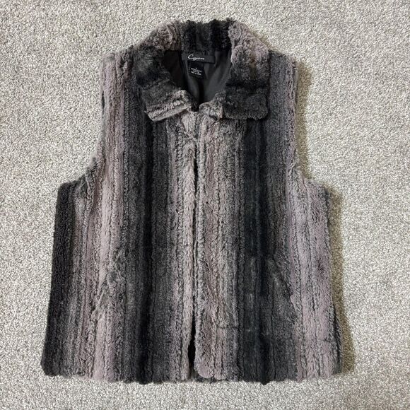 Cejon Vest Womens Small Gray Black Faux Fur Ombre Striped Hook Eye Pockets Lined - Picture 10 of 16